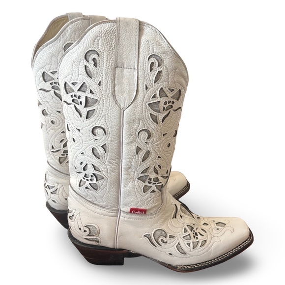 El Corral Western White Leather Bling Inlay boots - SZ 25.5 = 8.5 - Picture 4 of 17